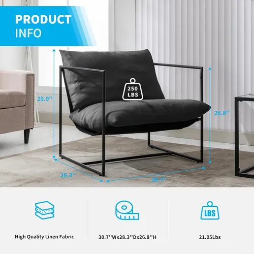 Vista 2 de Silla tipo cabestrillo, silla de acento suave con marco de acero, cómoda silla reclinable con cojín suelto para lectura para sala de estar, sala