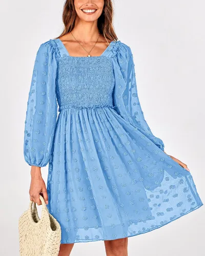 Vista 2 de BTFBM Vestidos fruncidos con cuello cuadrado para mujer, verano, otoño, manga larga, floral, lunares suizos, volantes, mini vestido bohemio