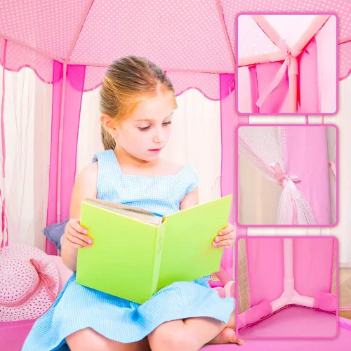 Vista 3 de wilwolfer tienda de campaña tipo castillo de princesa para niñas, tienda de campaña hexagonal grande para jugar, casa de juegos con luces de Rosa