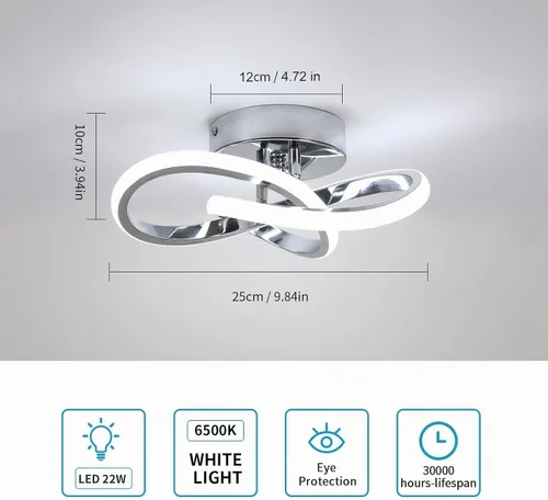 Vista 2 de Lámpara de Techo LED Moderna, Lámpara de Techo de 22W LED 6500K Blanco Frío Diseño Espiral para Pasillo de Corredor Balcón Cocina (Plateado)