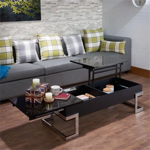 Vista 2 de Acme Mesa auxiliar rectangular con parte superior elevadora y patas de metal para sala de estar, oficina en casa, 2 unidades de almacenamiento Negro