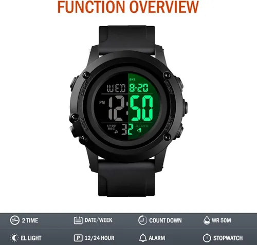 Vista 4 de Reloj digital deportivo para hombre, esfera grande, impermeable, con cronómetro, alarma, luz LED trasera