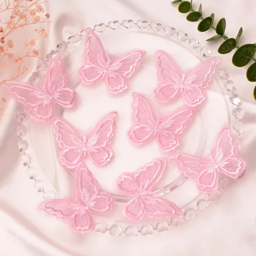 Vista 5 de Apliques de mariposa de encaje rosa para coser en parches de encaje de doble capa para accesorios de cabello de novia (rosa, 12 unidades)