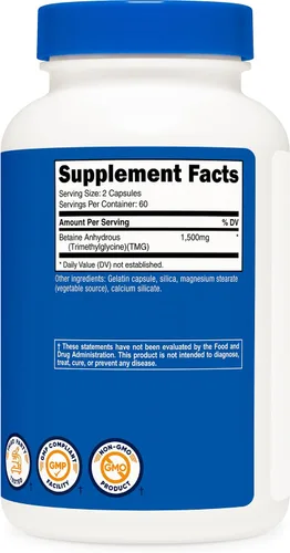 Vista 5 de Nutricost Betaína anhidra Caps 1500mg, 60 porciones por botella (2 botellas)