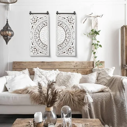 Vista 7 de LuxenHome - Arte de pared de madera tallada, esculturas de pared de madera de 33 pulgadas, paneles 3D con patrón floral, decoración de pared