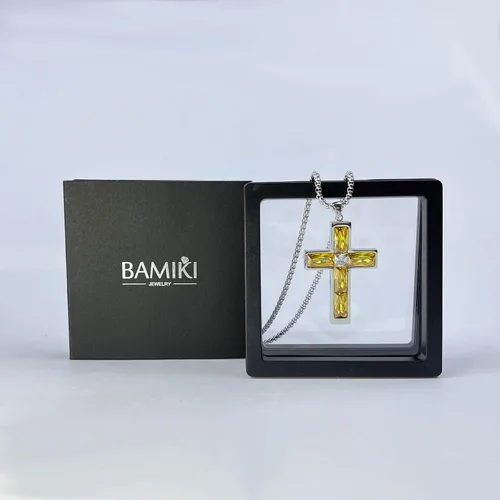 Vista 65 de Collar de cruz para hombre, piedras preciosas de color piedra natal de circonita cúbica, collar de acero inoxidable para hombre, cadena de 24