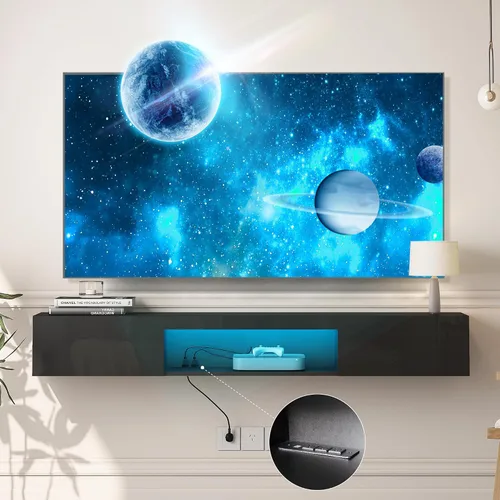 Vista 2 de Soporte flotante para TV montado en la pared con toma de corriente, moderno centro de entretenimiento flotante para TV de 70 pulgadas, estante