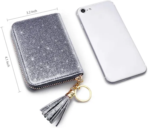 Vista 6 de Coco Rossi Billetera pequeña para tarjetas de crédito RFID con purpurina linda para mujer