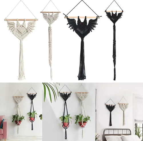 Vista 5 de Macetas colgantes de macramé en forma de murciélago para plantas de interior, hechas a mano, cuerda de algodón tejida a mano, maceta y tapiz