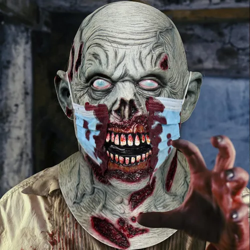 Vista 3 de Máscara de zombi aterradora de Halloween, máscara doble de sangre