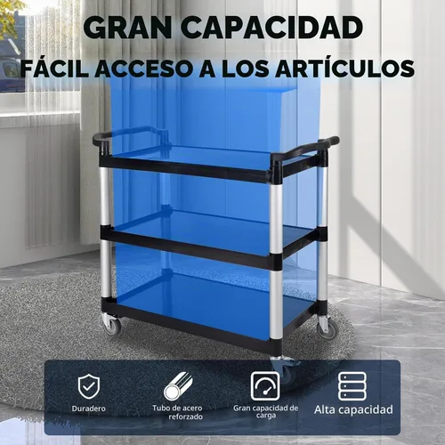 Vista 2 de UNICOO Carrito rodante de 3 niveles resistente, carrito de servicio con ruedas, capacidad de 550 libras, ruedas bloqueables y silenciosas Negro