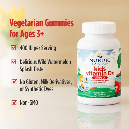 Vista 4 de Nordic Naturals Gomitas de Vitamina D3 para Niños, Explosión de Sandía Silvestre - 60 Gomitas - 400 UI Vitamina D3 - Salud Ósea, Inmunidad Saludable