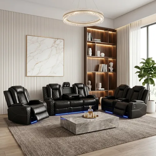 Vista 15 de Juego de sofá reclinable eléctrico de cuero con LED, juego de muebles de sala de estar, juego de sofá de cuero con puerto USB, consola