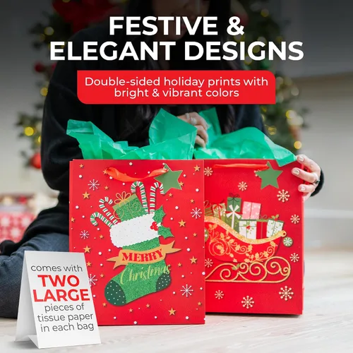 Vista 5 de Bolsas de regalo de Navidad – medianas 13 x 10 x 4 pulgadas (paquete de 4) – Bolsas de regalo de papel resistentes con papel de seda, etiqueta y asa