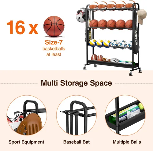 Vista 3 de Estante de baloncesto ajustable con ruedas, carrito de almacenamiento de pelotas deportivas de 4 niveles para baloncesto, fútbol, voleibol, fútbol