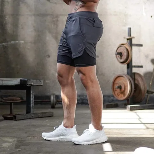Vista 4 de BOOMLEMON Pantalones cortos de entrenamiento 2 en 1 para hombre con lazo para toalla
