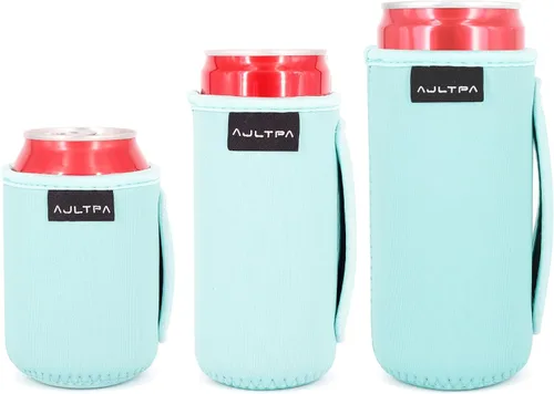 Vista 31 de 3 Pack de fundas aisladas reutilizables de neopreno con asa para soda, bebida energética, refresco, cerveza, seltzer duro, fundas para latas de 12