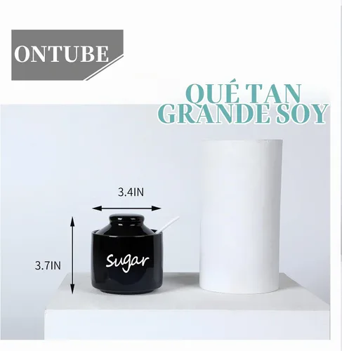 Vista 3 de ONTUBE Azucarero de cerámica con tapa y cuchara, tarro de azúcar de porcelana, 8oz (Negro) Porcelain, 8oz, white, lid & spoon, airtight