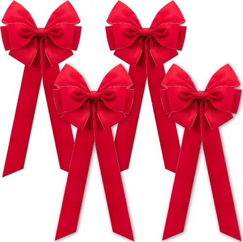 Vista 10 de Iceyyyy 2 lazos grandes de Navidad, 35.4 x 17.1 pulgadas, lazos de terciopelo rojo con bordes dorados, adornos para decoración de árbol de Navidad