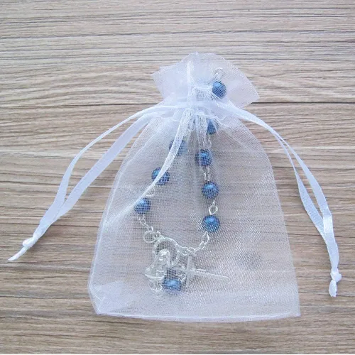 Vista 4 de WE Bautismo Favores Mini Rosarios para niño - (24 unidades) Cuentas Azul Marino con Acentos Plateados - Recuerditos De Bautismo - Rosarios de Dedo