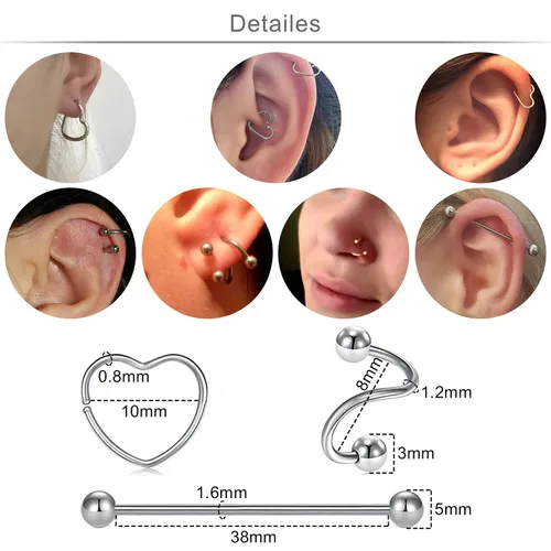 Vista 4 de JIESIBAO Juego de 66-113 piercings mixtos para todos los piercings de acero inoxidable 14G 16G 18G 20G nariz tabique cartílago tragus, aretes