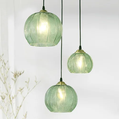 Vista 12 de Lámpara Colgante de Cristal Verde, Iluminación Colgante de Globo Grande Individual de 9.8 Pulgadas Nórdica Acanalada para Techo Colgante, Lámpara
