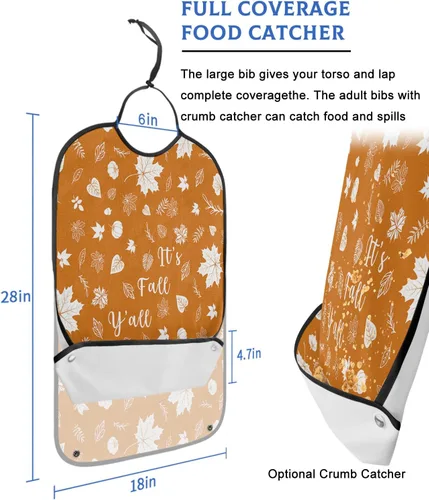 Vista 2 de Fall Leaves Adult Bib for Eating with Crumb Catcher,Washable & Waterproof Terry Cloth Adjustable Elderly Women Men Adult Bibs Funny Clothing
