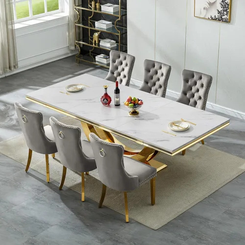 Vista 49 de SSLine Juego de mesa de comedor de mármol sintético blanco de 68 pulgadas
