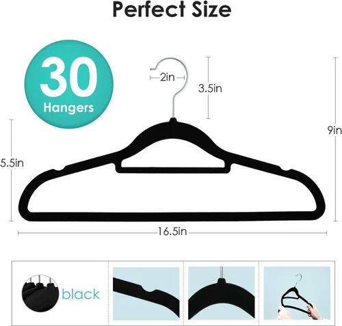 Vista 7 de DUDUCOFU Perchas de terciopelo antideslizantes de fieltro, paquete de 30 perchas de terciopelo negro para ropa que ahorran espacio, con gancho