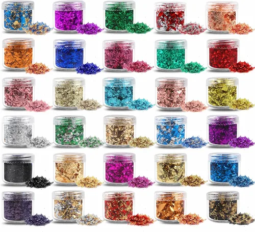 Vista 3 de Copos dorados para resina, 30 colores metálicos, lámina para manualidades con pinzas para arte de resina, arte de uñas, joyas y fabricación de velas