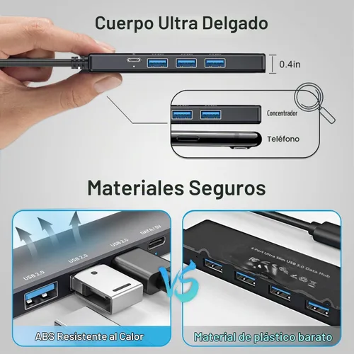 Vista 5 de Concentrador USB 3.0 alimentado de 5 puertos, extensor USB con puerto de alimentación/datos USB-C de 5V, extensor para un puerto portátil, PC