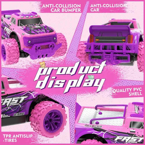 Vista 4 de Coche de Control Remoto para Niñas: Camión RC Rosa Púrpura a Escala 1:20 con Luz LED y Molinos de Viento DIY - Camiones RC Todo Terreno de 20 Km/h
