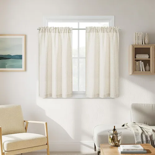 Vista 42 de Cortinas de cocina de lino semitransparente beige de 24 pulgadas de largo, 2 paneles Cream, Cafe Short Curtains, for Bathroom Small Windows, Light
