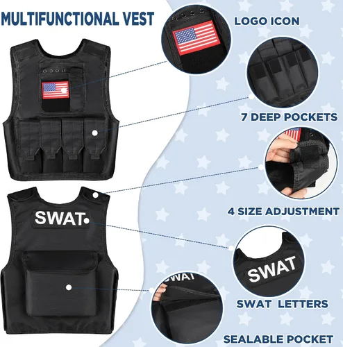 Vista 2 de Luucio SWAT - Disfraz de oficial de policía para niños, disfraz de policía para niños, fiesta de Halloween, kit de juego de rol para niños y niñas