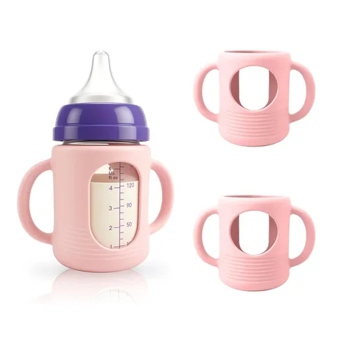 Vista 8 de 2-Pack Silicone Sleeves for New Lansinoh & Pigeon Glass Baby Bottle 8 oz A-light pink