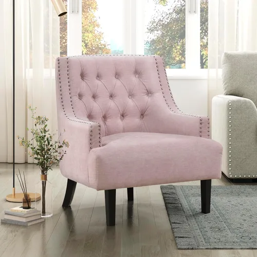 Vista 14 de Lexicon Silla decorativa de lectura, cómoda para dormitorio, sillón tapizado con marco de madera maciza, ribete de cabeza de uñas copetudo, sofá
