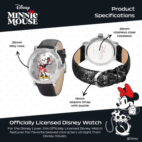 Vista 3 de Disney Minnie Mouse Reloj de cuarzo analógico para adultos, estilo vintage, con manos articuladas