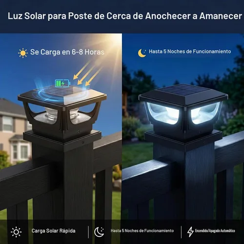 Vista 4 de Paquete de 2 luces solares para tapa de poste, IP65, impermeables, 120 lúmenes, 6500 K, blanco frío, negro Auto Dusk-to-Dawn Lighting, Fits 3x3