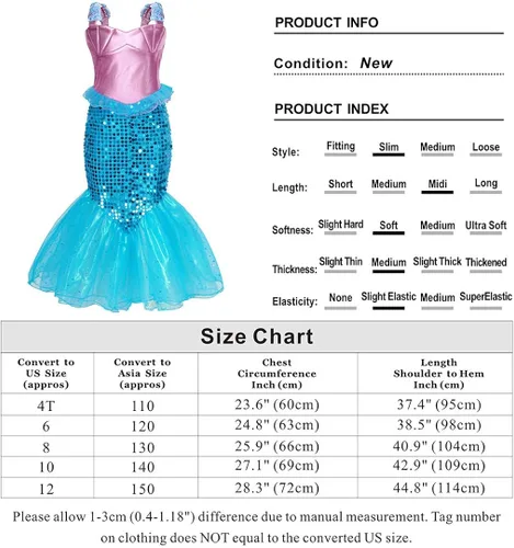 Vista 5 de HenzWorld Little Girls Mermaid Costume Princess Dress Birthday Party Pretend Play Christmas Gifts Jewelry Accessory