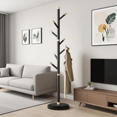 Vista 6 de Perchero de metal con base pesada, percheros de poste grueso resistente con 7 ganchos de ABS, perchero moderno y estable para chaquetas, ropa