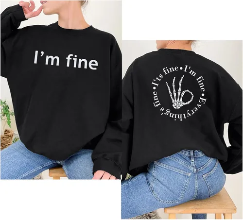 Vista 4 de Sudadera de gran tamaño para mujer, con texto en inglés "It's Fine Im Fine Everything is Fine", sudadera casual con cuello redondo y manga larga