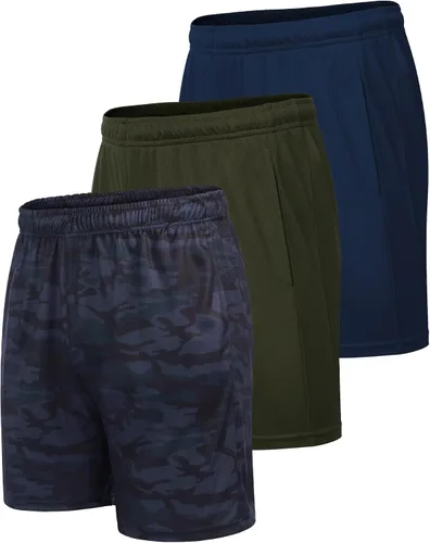 Vista 2 de COOFANDY Paquete de 3 pantalones cortos de entrenamiento para hombre, pantalones cortos deportivos de malla, ligeros, para culturismo, con bolsillos