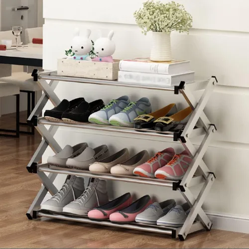 Vista 2 de Zapatero organizador de 4 niveles para entrada, organizador de zapatos de acero inoxidable, estante plegable de pie para armario, compartimento