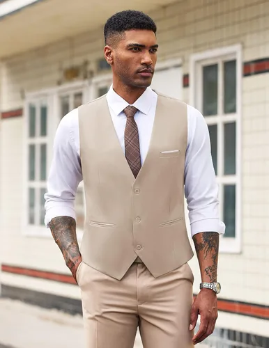 Vista 3 de COOFANDY Chaleco de traje de negocios casual para hombre, ajustado, a la cintura, formal