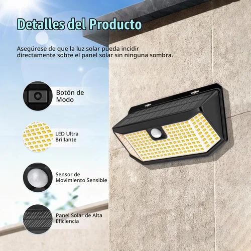 Vista 6 de Aootek Luces solares blancas cálidas con sensor de movimiento para exteriores, 2500 lúmenes, panel solar de 15.3 in², 3 modos de iluminación, IP65