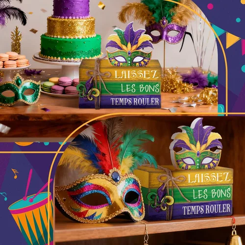 Vista 5 de 4 piezas de decoraciones de Mardi Gras para el hogar, centros de mesa de Mardi Gras, máscaras de mascarada, decoraciones de mesa, bloques de madera