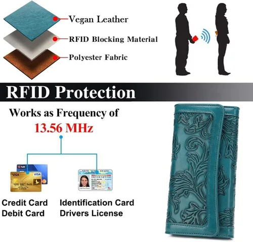 Vista 55 de MEITRUE Cartera de cuero para mujer, con bloqueo RFID, triple pliegue, con relieve, soporte para tarjetas, organizador de chequera para teléfono