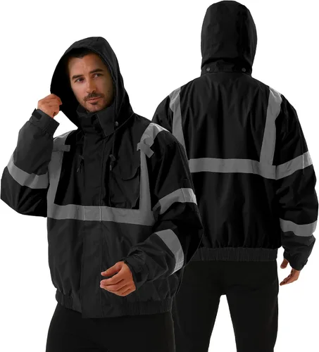 Vista 2 de Chaqueta de seguridad 3 en 1, chaqueta reflectante de alta visibilidad, chaqueta bomber Hi Vis, forro polar, impermeable, ANSI Clase 3, negro, S