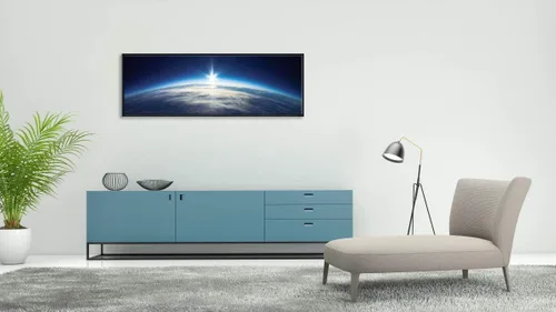 Vista 2 de Pyradecor Arte de pared enmarcado en negro, gran universo azul, tierra, paisaje moderno, lienzo, impresiones espaciales, ilustraciones para sala