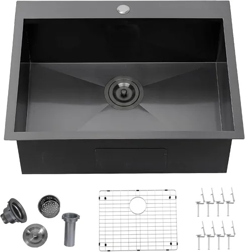 Vista 16 de Fregadero de Barra Negro Empotrable de 15x15 Pulgadas - Fregadero de Cocina Cuadrado Pequeño de Acero Inoxidable de Montaje Superior para Estación